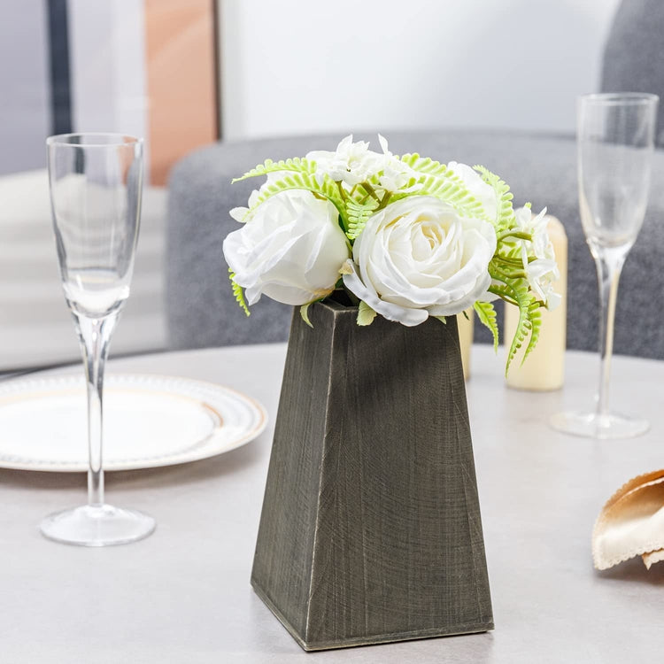White Artificial Rose Bouquet Arrangement Fake Flowers for Decoration in Gray Brown Tapered Wood Vase
