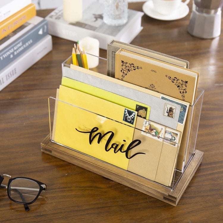 Clear Acrylic Mail Sorter with Removable Burnt Wood Tray Base, Desktop Letter Holder with Black Cursive MAIL Label-MyGift