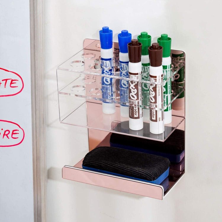 2-Tier Rose Gold Acrylic Wall Mounted 10-Slot Dry Erase Whiteboard Marker and Eraser Holder-MyGift