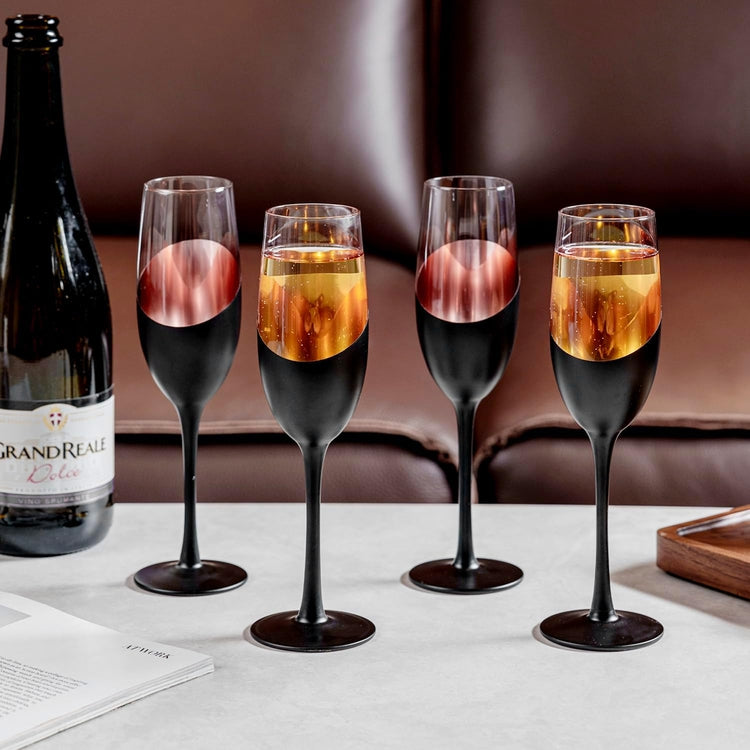 8 oz Stemmed Champagne Flute Glasses with Angled Matte Black Design and Silver Plated Internal Accent, Set of 4