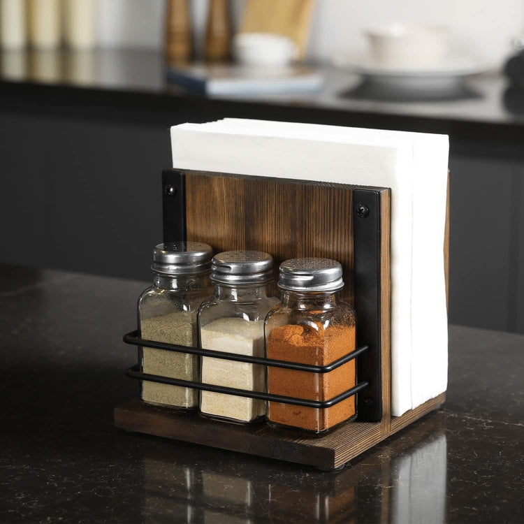 Wood Napkin Holder with 3 Salt and Pepper Shaker Set, Napkin and Spice Bottle Caddy, Farmhouse Serving Table Caddy-MyGift