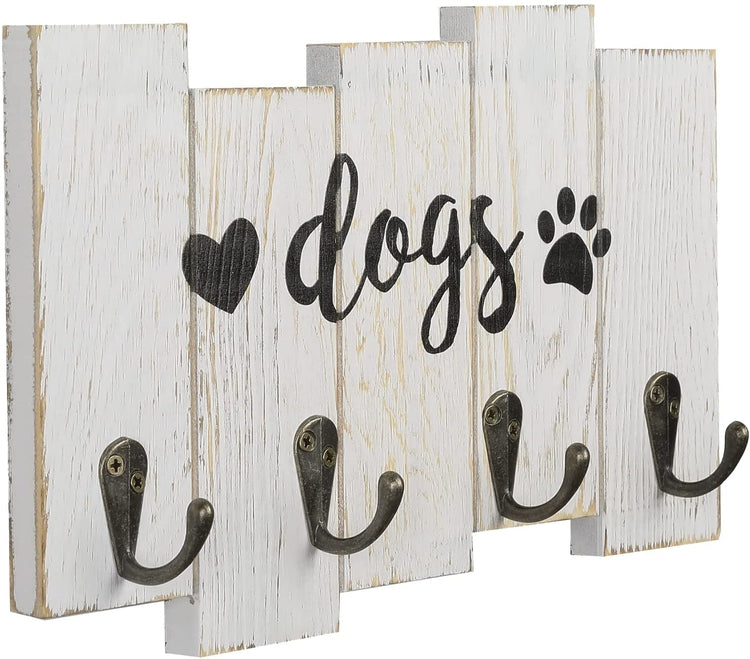 Wall Mounted Dog Leash Holder, Whitewashed Wood Hanging Key Hook Rack with Cursive DOGS Label, Heart and Paw Print Decal-MyGift