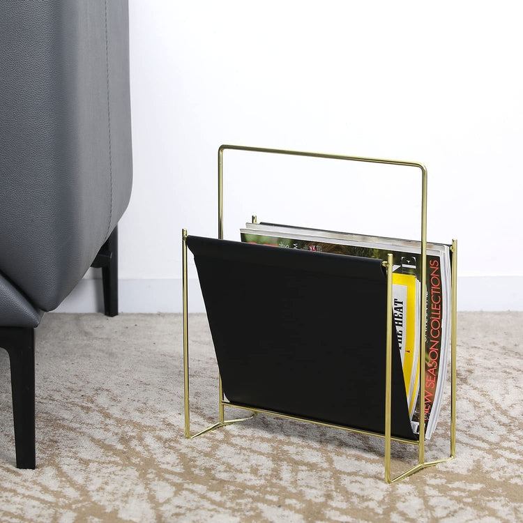 Brass Plated Wire and Black Leatherette Sling Rack, Freestanding Magazine Holder