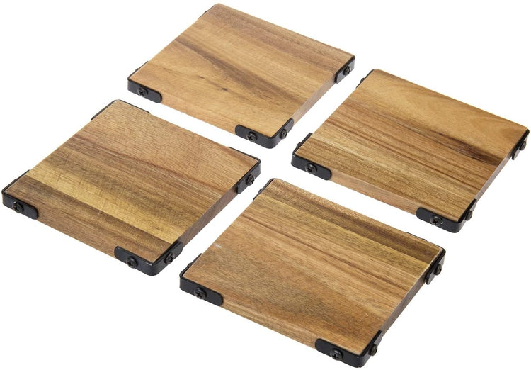 Set of 4, Premium Acacia Solid Wood Square Beverage Coasters with Matte Black Metal Corners-MyGift