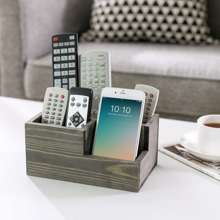 Vintage Gray Wood Media Remote Control Organizer with 3-Compartments
