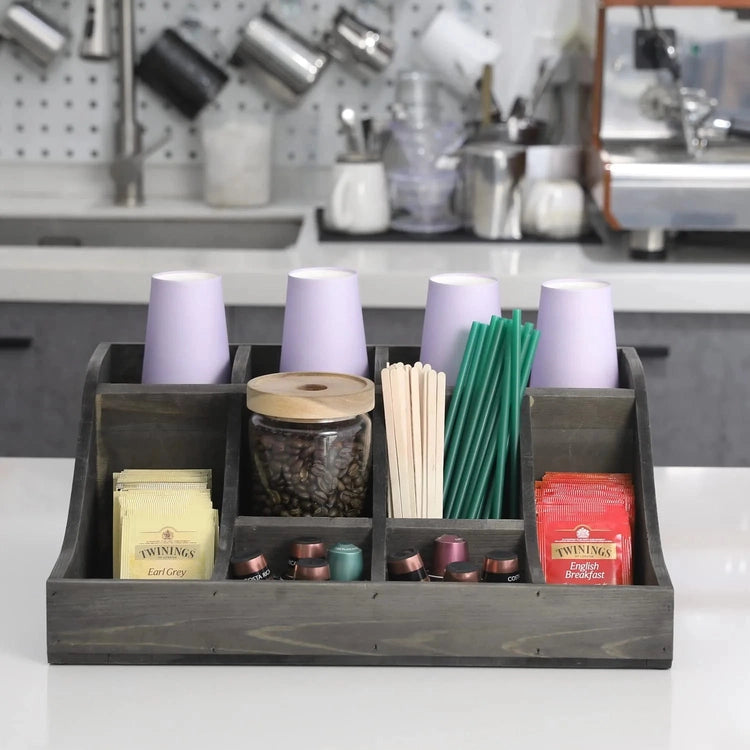 Gray Wood Tea and Condiment Organizer Storage Caddy with Compartments for  Cups, Sugar Packets, Stirrers and Creamer