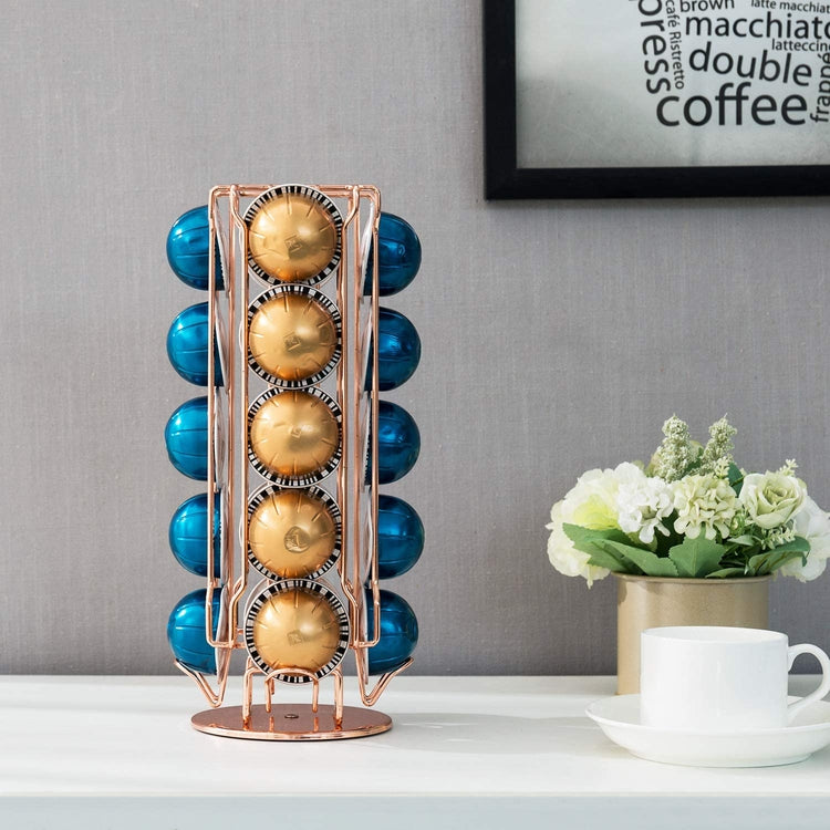 20 Capsule Capacity, Modern Copper-Plated Metal Rotating Coffee Pod Holder Rack-MyGift