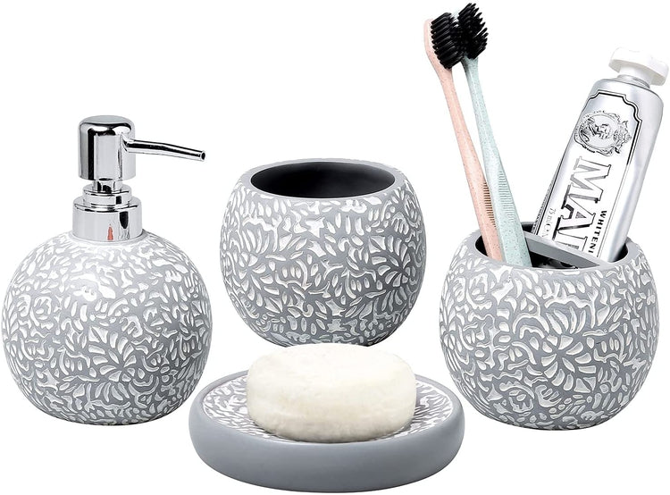 4 Piece Gray Embossed White Floral Pattern Bathroom Set with Soap Dish, Tumbler, Toothbrush Holder and Pump Dispenser-MyGift