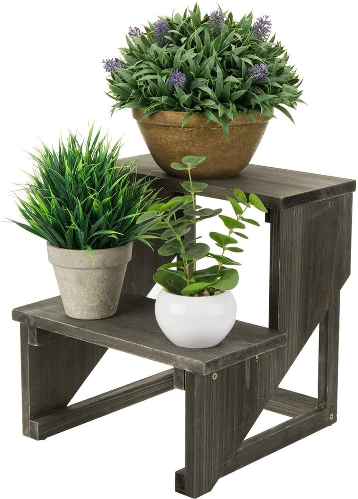 2 Tier Rustic Reclaimed Style Dark Gray Wood Flower Pot Planter Stand Riser Display Shelf-MyGift