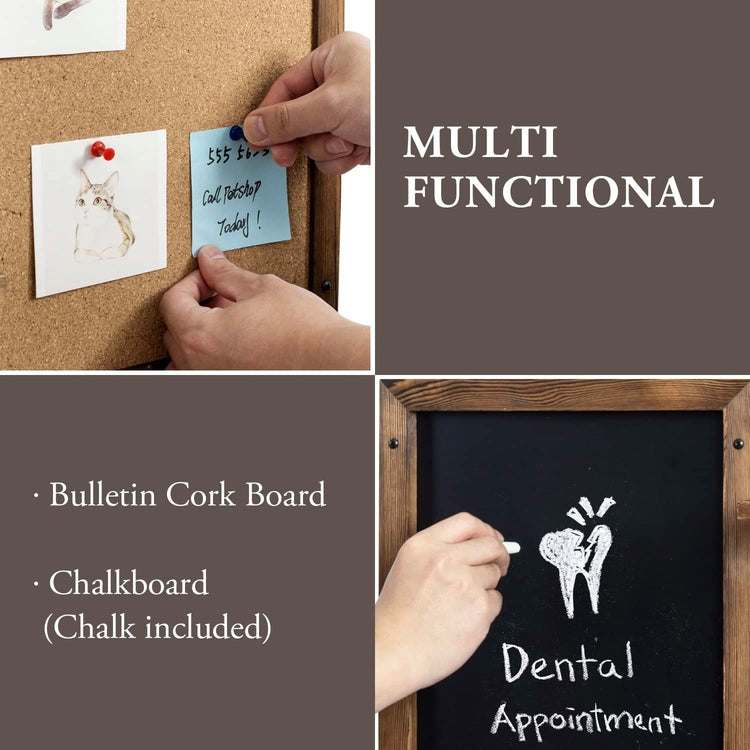 Wall Mounted Entryway Bulletin Board Combo Set with Burnt Wood Frame, Chalkboard, Cork Board, 2 Storage Shelves-MyGift