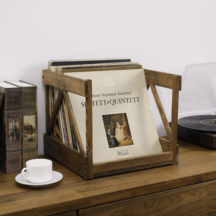 Rustic Dark Brown Wood Vinyl LP Record Storage Crate, Album Holder Organizer Container