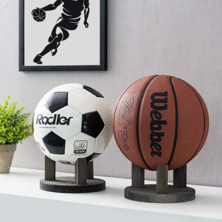 Gray Wood Sports Ball Tabletop Display Rack Riser Stands, Set of 2