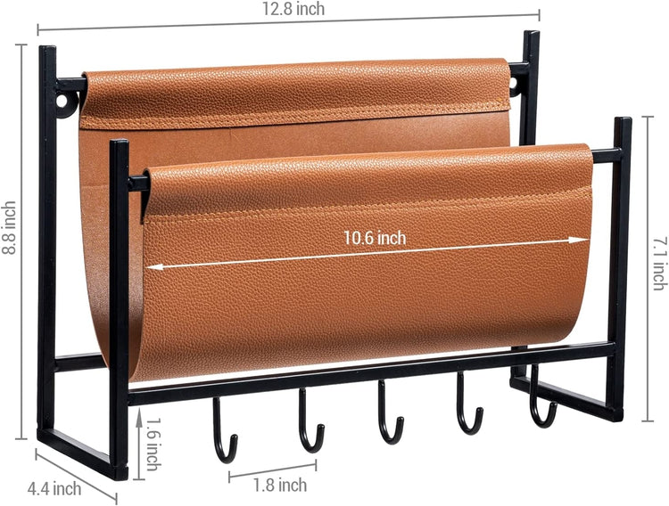 Industrial Black Metal Hanging Magazine Rack with Leatherette Sling, Wall Mounted Entryway Mail Holder and Key Hanger-MyGift