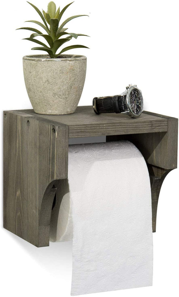 Gray Wood Wall Mounted Bathroom Toilet Paper Roll Holder with Storage Shelf-MyGift