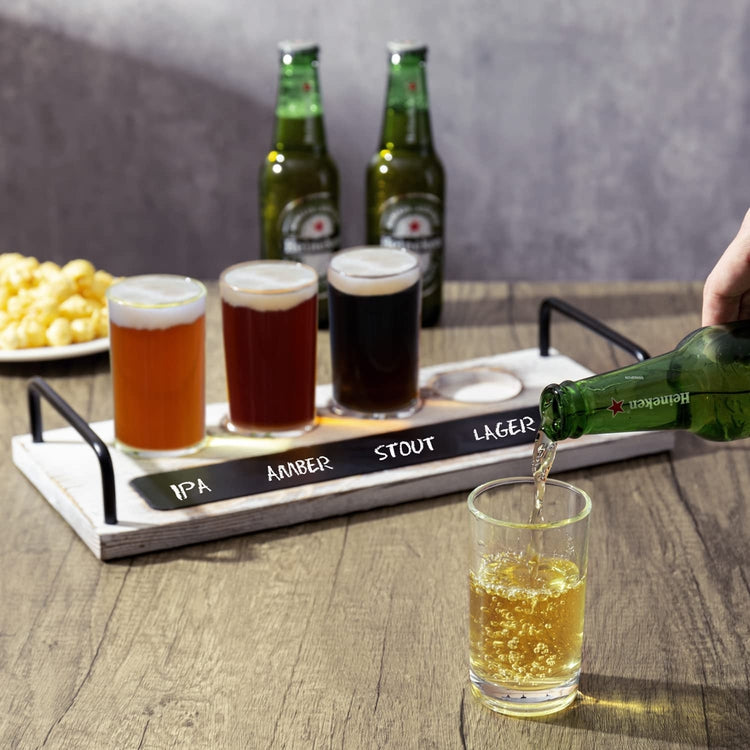 4 Glass Beer Flight Serving Tray with Whitewashed Wood Board and Black Metal Handles, Chalkboard Label, Sampling Glasses-MyGift
