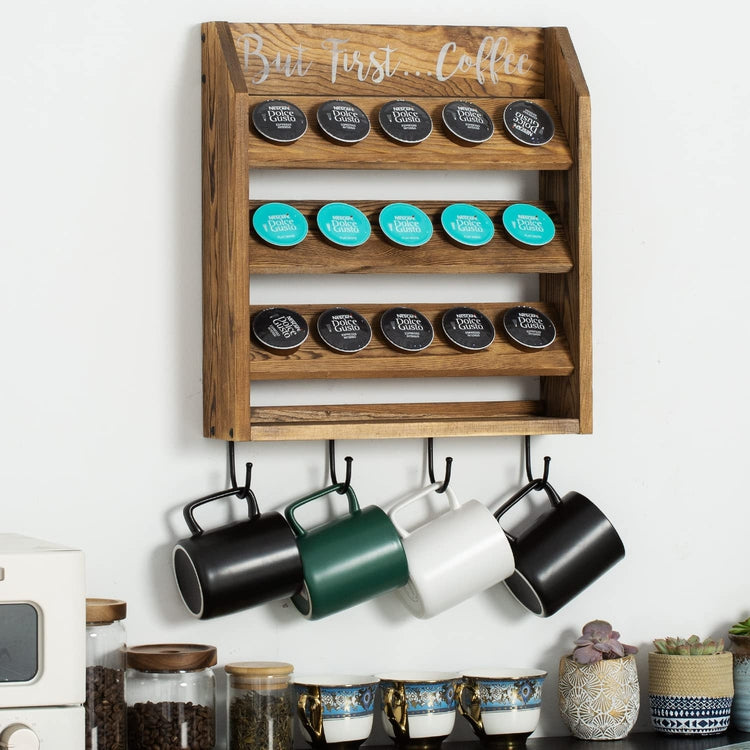 Wall Mounted Coffee Bar Organizer, Burnt Wood Coffee Pods Holder Storage Rack with Mug Hooks and But First...Coffee Sign