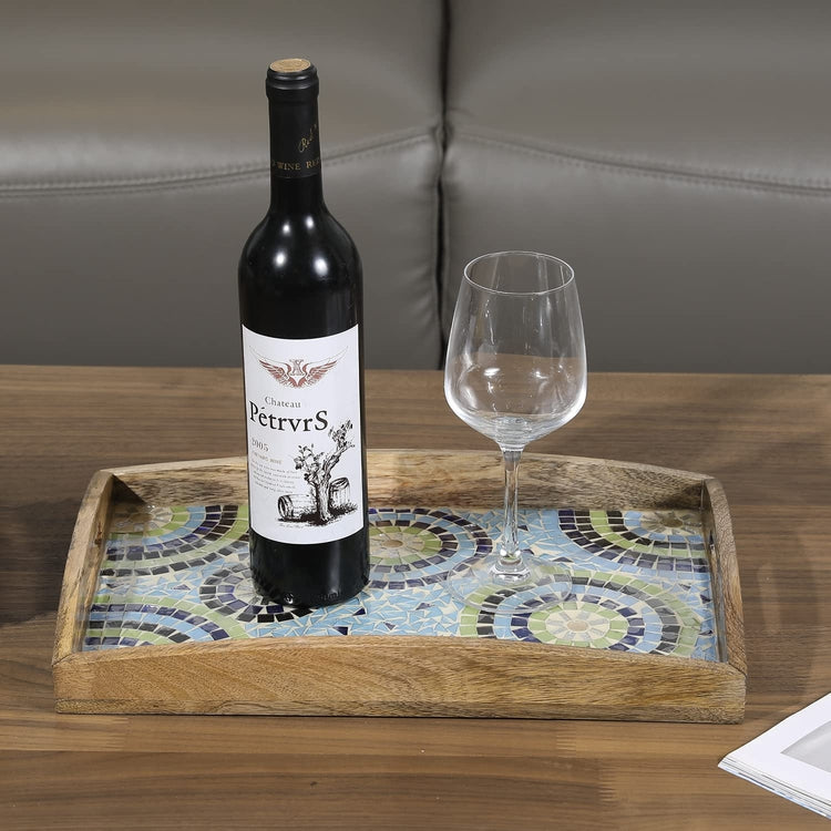 Mango Wood and Mosaic Serving Tray, Rectangular Blue Green Glass Decorative Ottoman Tray with Cutout Handles