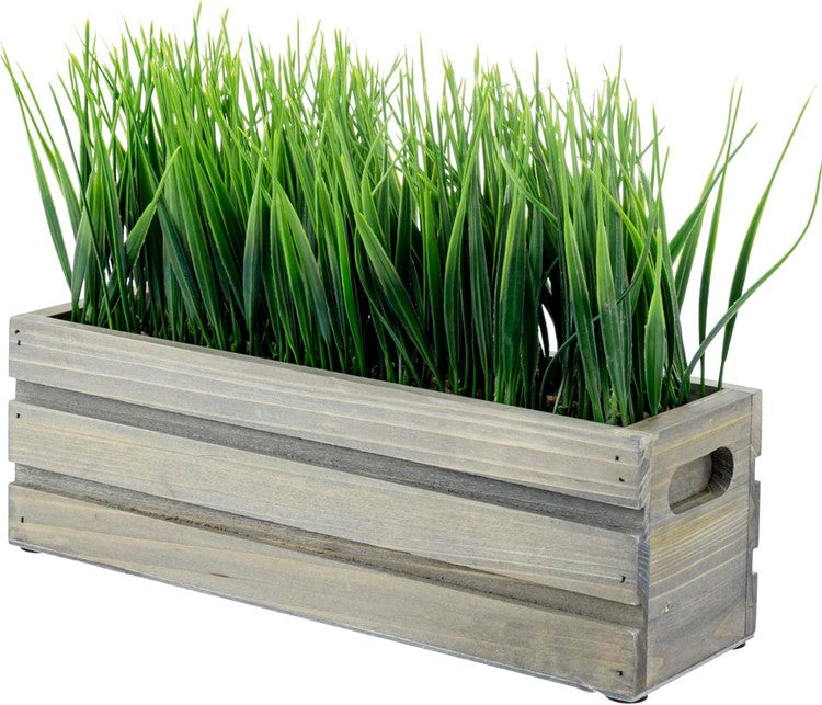 12 Inch Artificial Green Grass Plant in Vintage Gray Brown Solid Wood Planter Box, Rectangular Crate Style Container