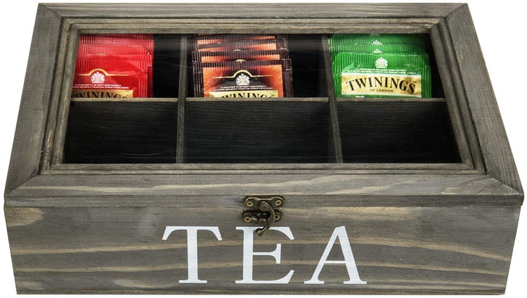 6-Compartment Vintage Gray Wood Tea Bag Storage Box with Clear Lid and Hinge Lock-MyGift