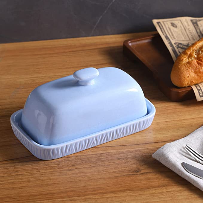 Sky Blue Ceramic Butter Dish, Etched Rectangular Butter Stick Tray with Cover Lid-MyGift
