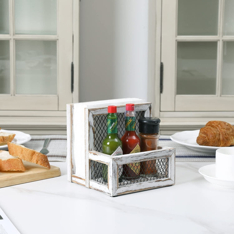 Napkin Holder with Salt and Pepper Shaker Caddy, Whitewashed Wood Napkin and Condiment Holder with Metal Mesh Accent-MyGift