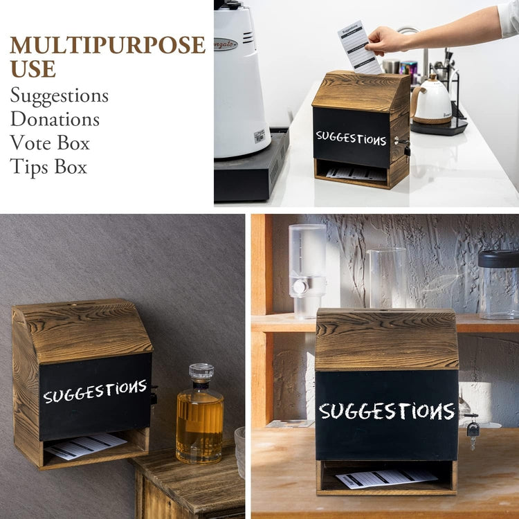 Wall Mountable Burnt Wood Comment Box with Chalkboard Surface, Lock, and Keys, Collection Suggestion Ballot Tip Box