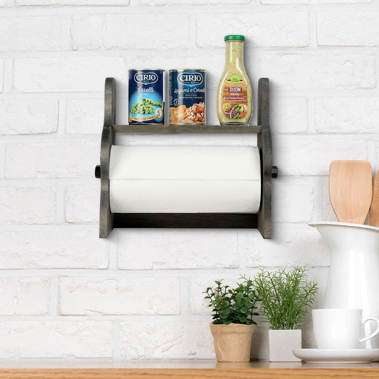 Weathered Gray Wood and Black Industrial Pipe Paper Towel Roll Holder Dispenser with Shelf, Wall Mounted or Countertop Storage Rack