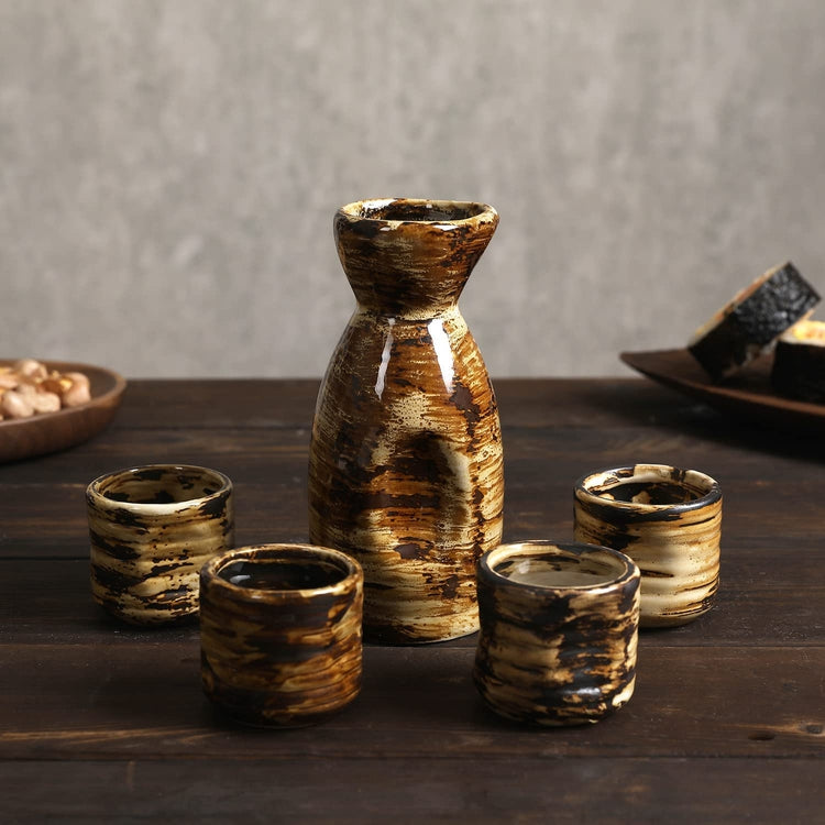 5 piece Rustic Dark Brown Ceramic Japanese Style Sake Set with Serving Carafe and 4 Cups