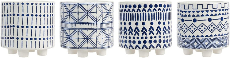 Set of 4 Mediterranean Style Blue and White Ceramic Footed Planter Pots-MyGift