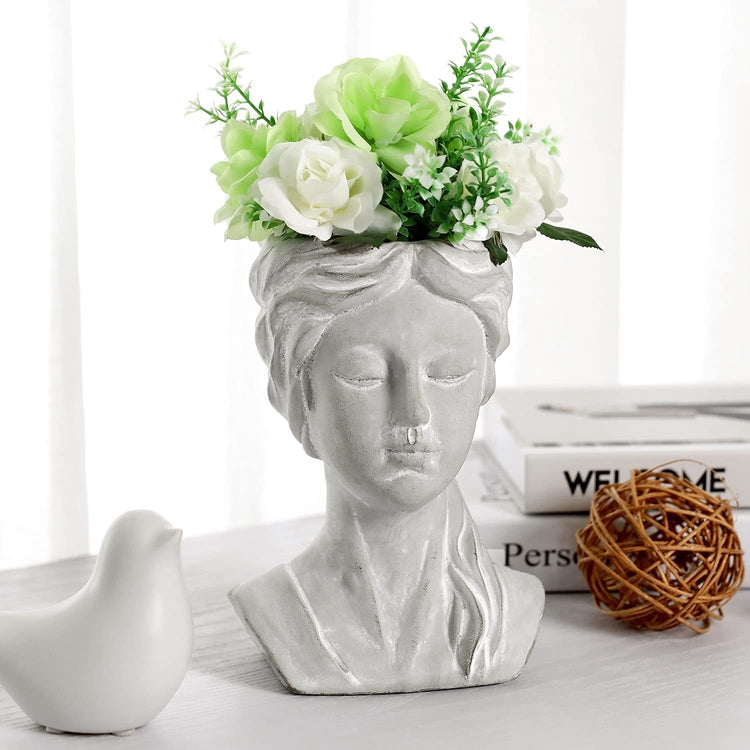 Gray Concrete Goddess Bust Design Engraved Cement Succulent Planter Pot Container, Tabletop Flower Vase-MyGift