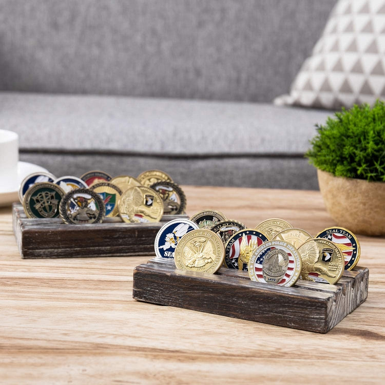 4-Row Torched Wood Military Coin Display Holder Stand, Set of 2