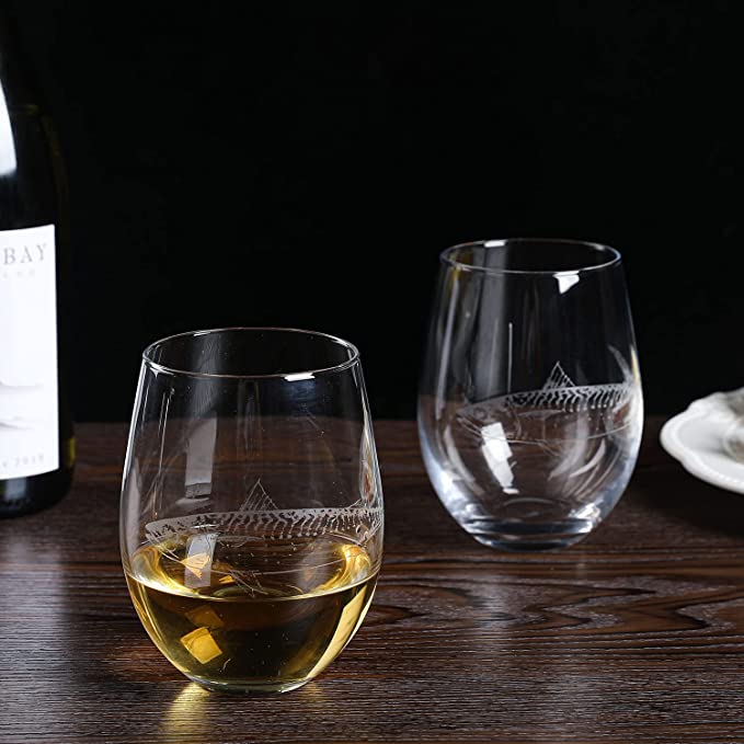 Etched Fish Sea Themed White Wine Stemless Wine Glasses, 10 oz, Set of –  MyGift