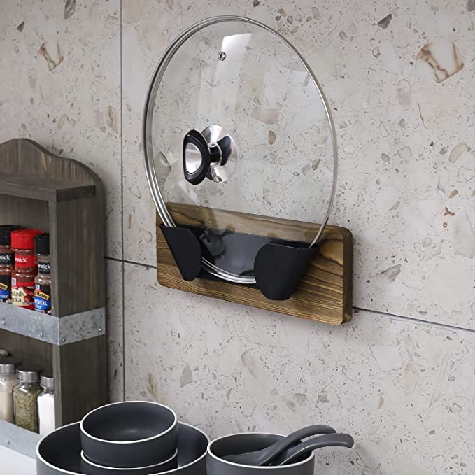 Set of 2 Wall Mounted Pot Lid Holder, Wood & Matte Black Metal Cabinet Door Cookware Lid Organizer Rack-MyGift