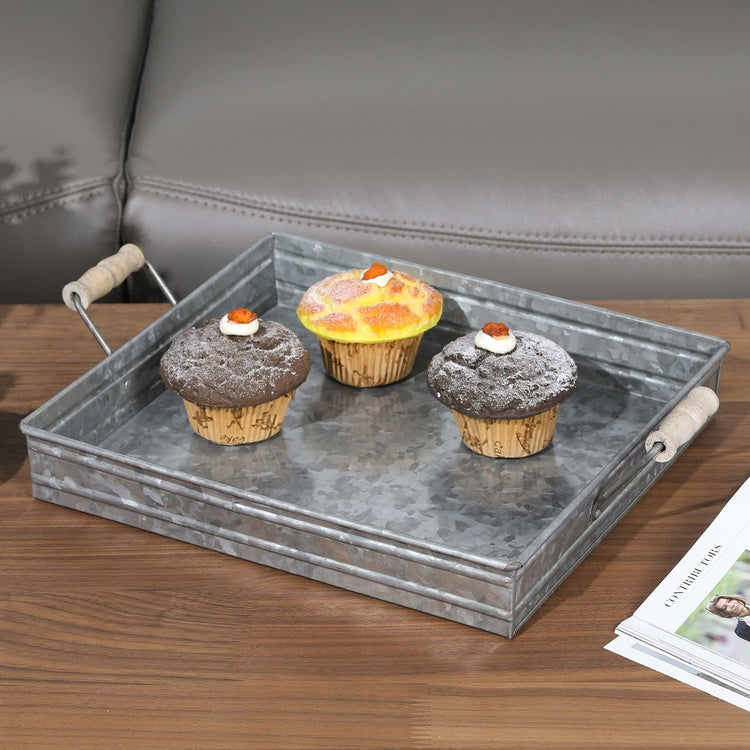 Square Galvanized Metal Decorative Tray with Mango Wood Handles, Farmhouse Serving Tray
