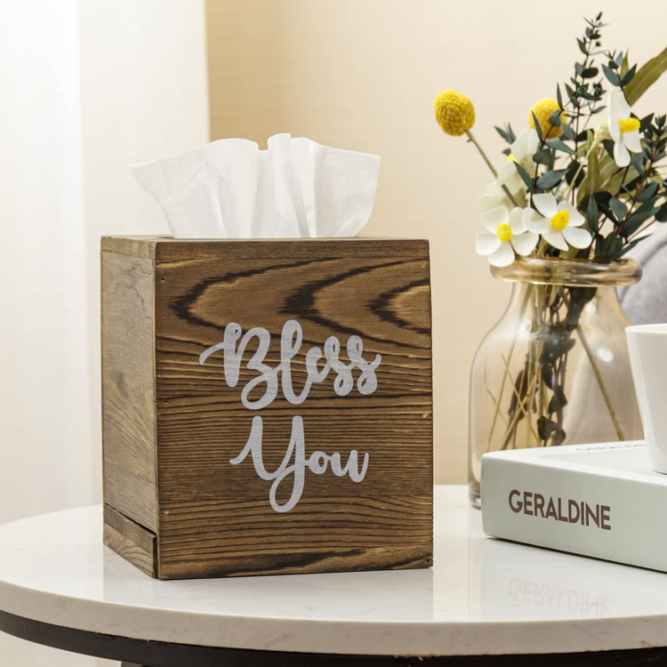 "Bless You" Vintage Weathered Gray Wood Square Tissue Box Holder Cover