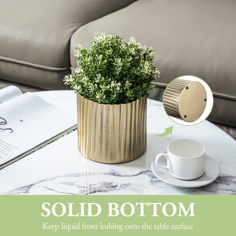 5.5 Inch Brass Tone Metal Fluted Planter with Decorative Scalloped Edge, Vertical Ribbed Pattern Plant Pot Flower Vase