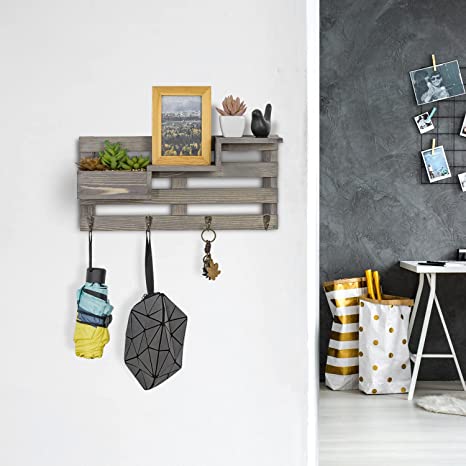 Vintage Gray Wood Key Rack for Wall Entryway with Tiered Shelving and Artificial Succulent Planter Box-MyGift