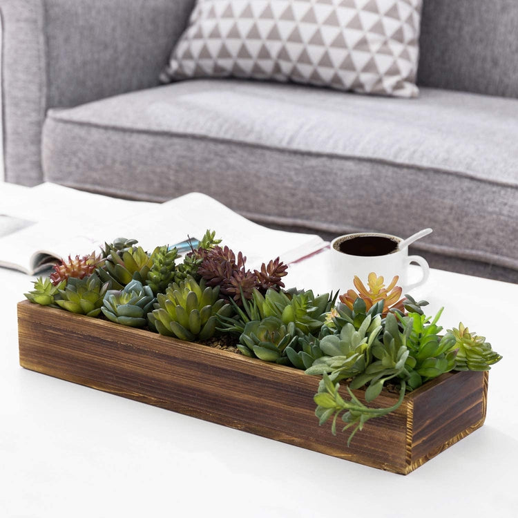 15-Inch Artificial Assorted Succulent Plant Arrangement in Rustic Burnt Wood Planter-MyGift