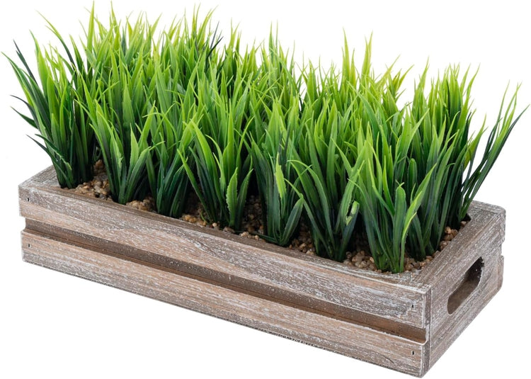 0.5 Inch Artificial Green Grass Plant in Brown Wood Planter Window Box, Tabletop Plant Container-MyGift
