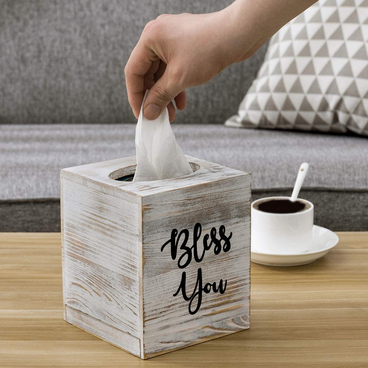 Whitewashed Wood Square Bless You Tissue Box Cover-MyGift