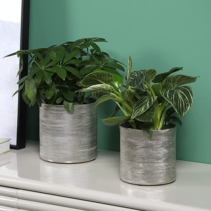 Round Indoor Planter Pot, Silver Aluminum Tone Metal Succulent Planter, Set of 2-MyGift
