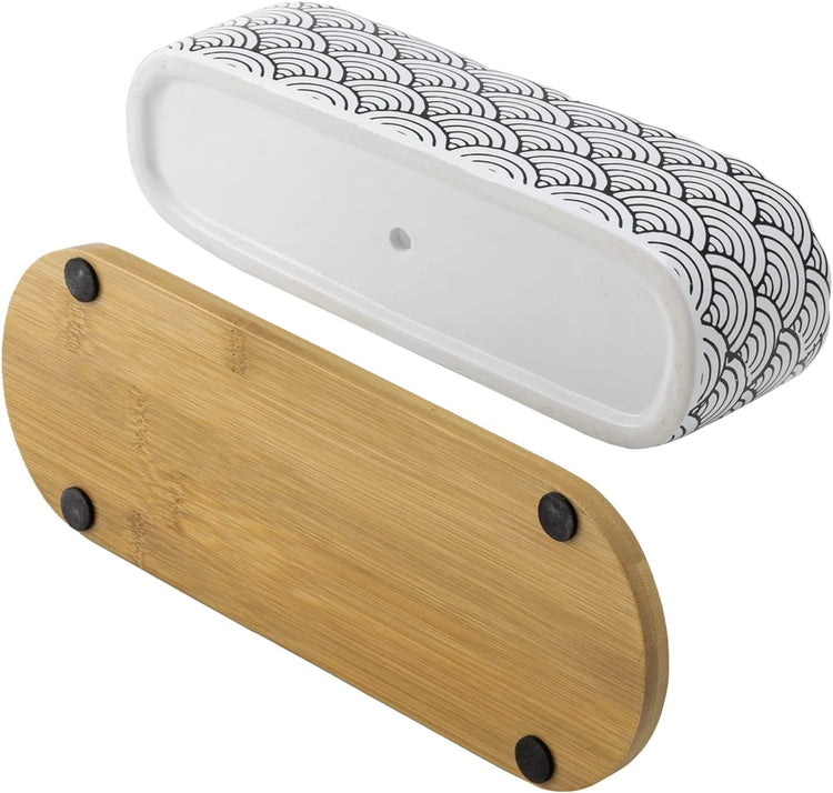 11 Inch Black and White Waves Scallop Edged Glazed Ceramic Planter with Bamboo Tray, Japanese Seigaiha Pattern-MyGift