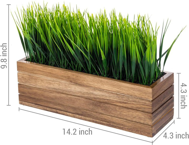 14 Inch Artificial Green Grass Plant in Wood Planter Window Box, Planter Container-MyGift