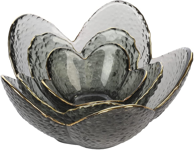 Lotus Flower Shaped 3 Serving Bowl Set in Smoked Black Hammered Textured Glass with Bamboo Trays, 3-Piece-MyGift