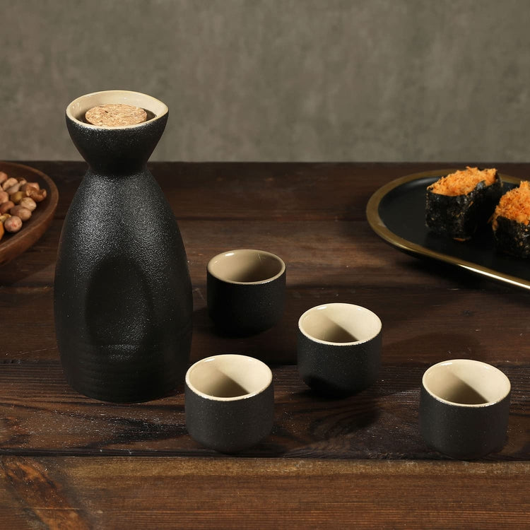 5 Piece Japanese Style Matte Black and Tan Ceramic Sake Set, Includes Carafe and 4 Glasses
