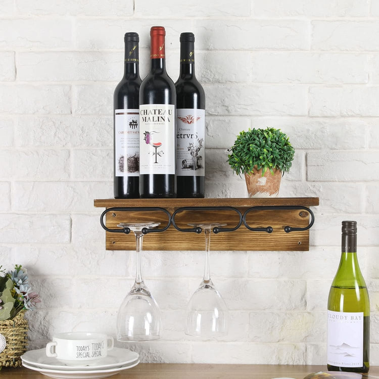 MyGift Wall Mounted Rustic Burnt Solid Wood Wine Glass Holder with Top Display Shelf, Wine Bottle Display Shelf with Black Metal Stemware Hanging