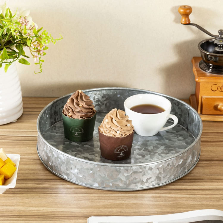 11 Inch Farmhouse Galvanized Metal Round Serving Tray, Vanity Tray and Tabletop Decorative Display Platter