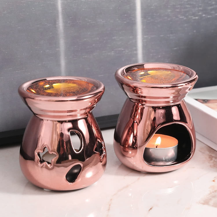 Copper Ceramic Essential Oil Diffuser, Wax Warmer Tealight Candle Holder with Stars and Moon Cutout Design, Set of 2