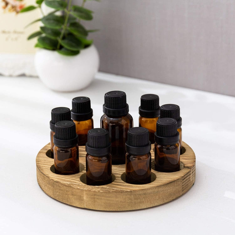 10-Slot Brown Wood Round Essential Oil Bottle Storage Display Rack-MyGift