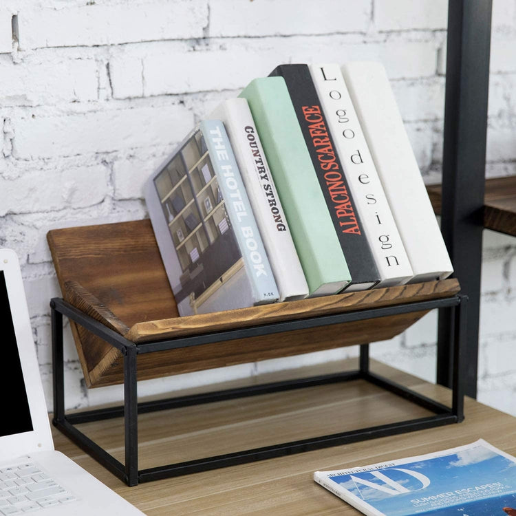 Burnt Wood and Industrial Black Metal Trough Style Desktop Book Storage Organizer-MyGift